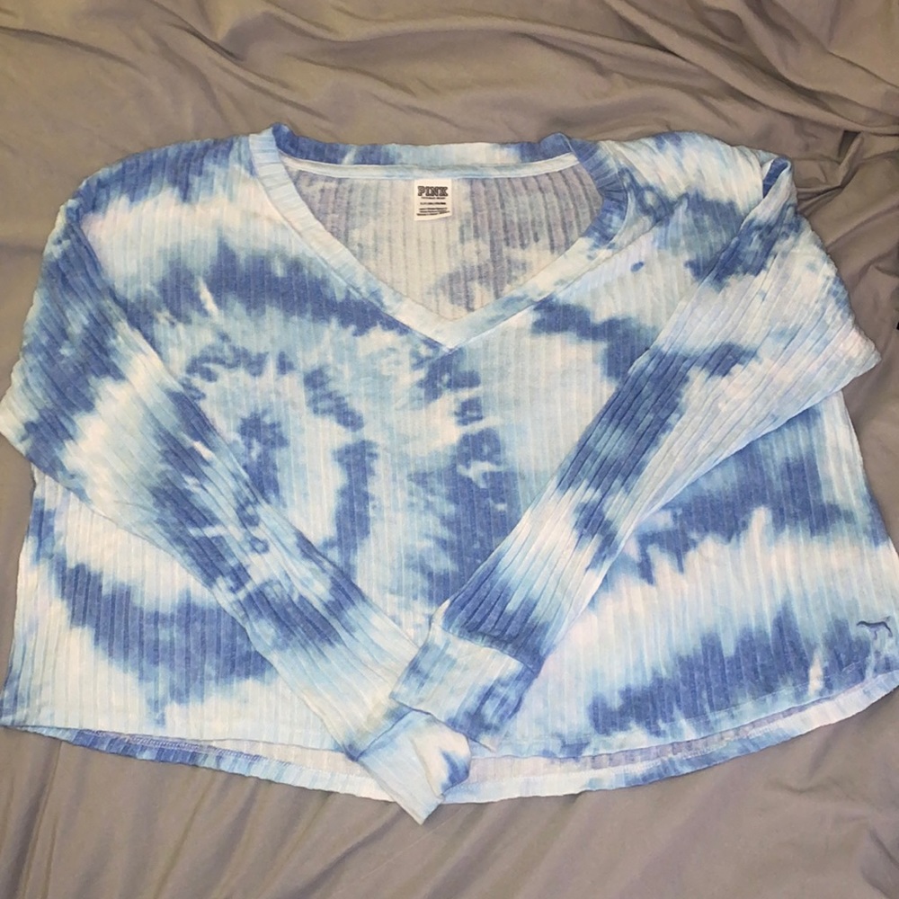 Long-sleeve Ribbed Blue Cropped Tie-dye T-Shirt from PINK